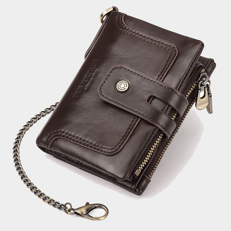 Dreifach gefaltete kleine Brieftasche aus echtem Leder mit RFID-Blockierung und Kette