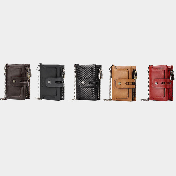Dreifach gefaltete kleine Brieftasche aus echtem Leder mit RFID-Blockierung und Kette