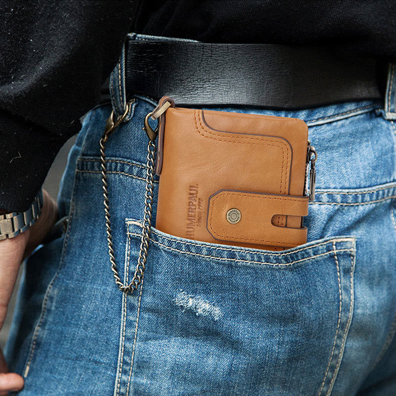 Dreifach gefaltete kleine Brieftasche aus echtem Leder mit RFID-Blockierung und Kette