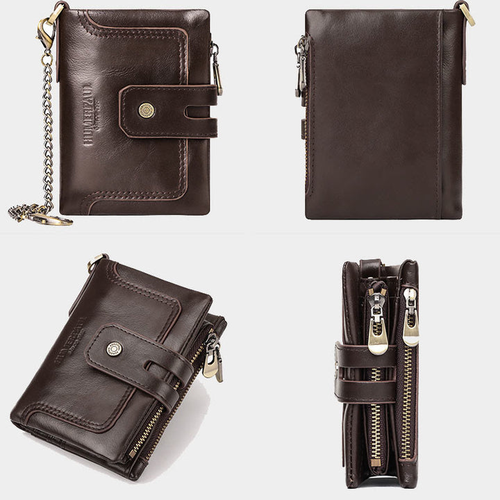 Dreifach gefaltete kleine Brieftasche aus echtem Leder mit RFID-Blockierung und Kette