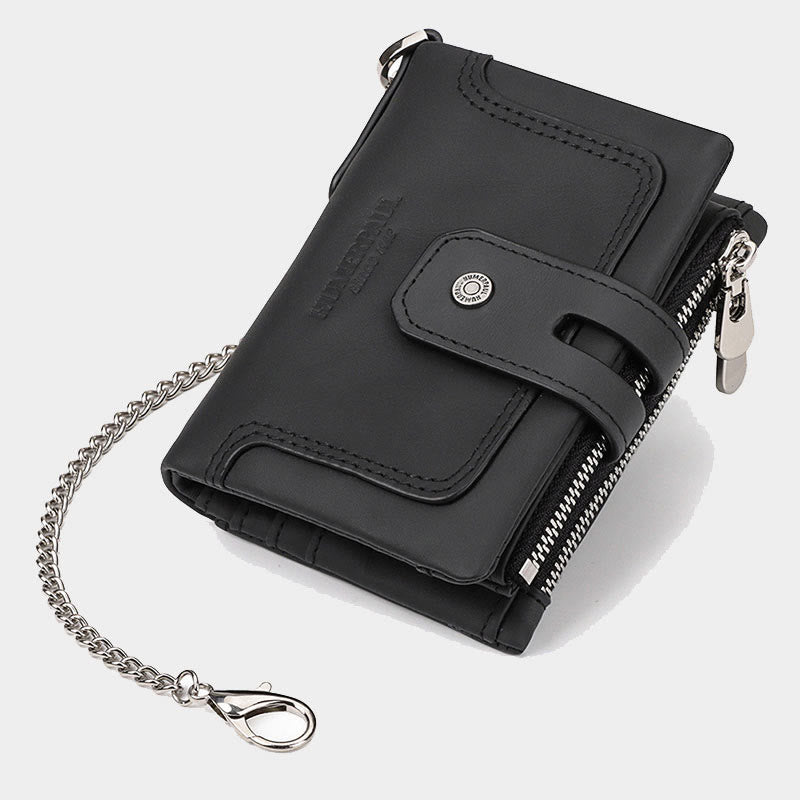 Dreifach gefaltete kleine Brieftasche aus echtem Leder mit RFID-Blockierung und Kette
