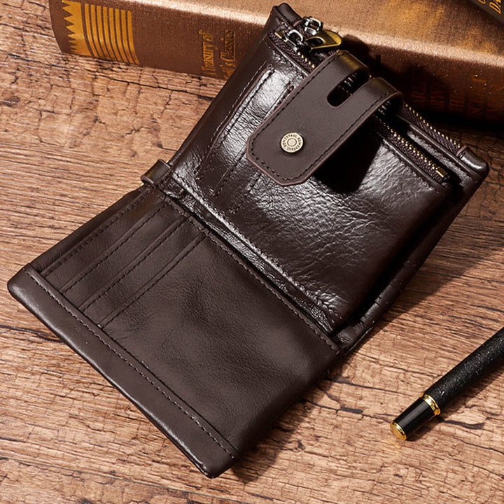 Dreifach gefaltete kleine Brieftasche aus echtem Leder mit RFID-Blockierung und Kette