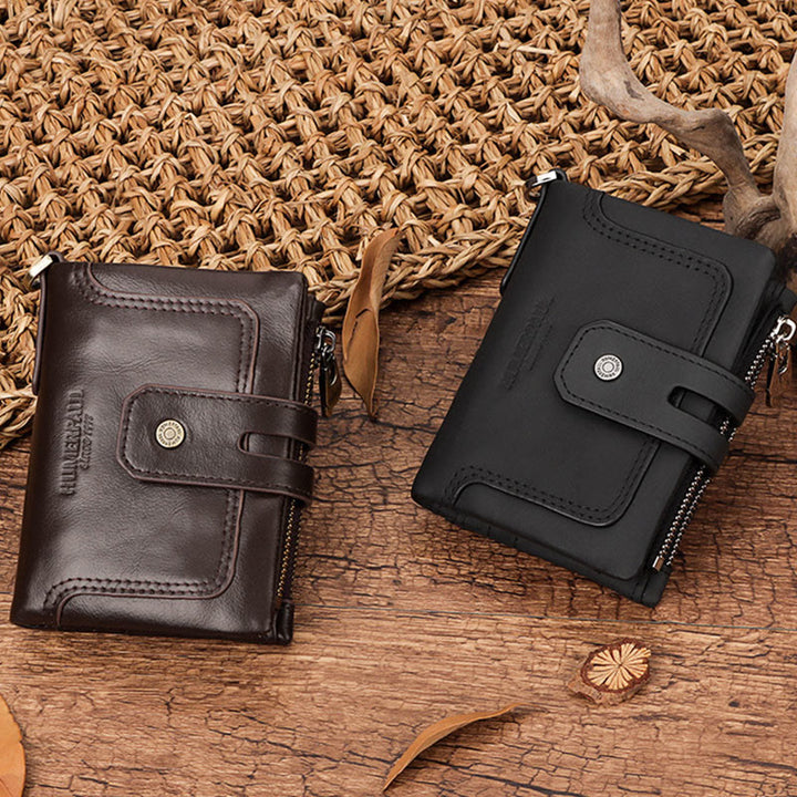 Dreifach gefaltete kleine Brieftasche aus echtem Leder mit RFID-Blockierung und Kette