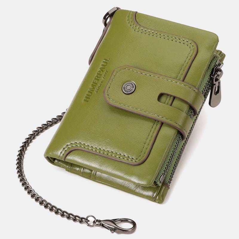 Dreifach gefaltete kleine Brieftasche aus echtem Leder mit RFID-Blockierung und Kette