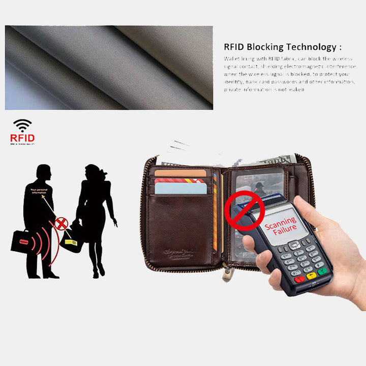 Unisex-Geldbörse aus Leder mit dreifachem Reißverschluss und RFID-blockierender Kette