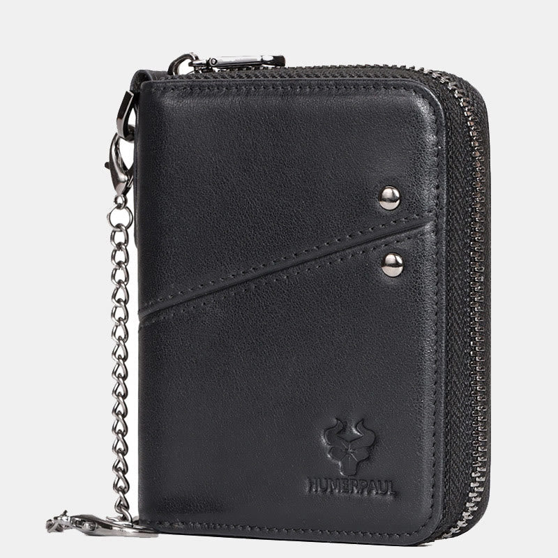 Unisex-Geldbörse aus Leder mit dreifachem Reißverschluss und RFID-blockierender Kette