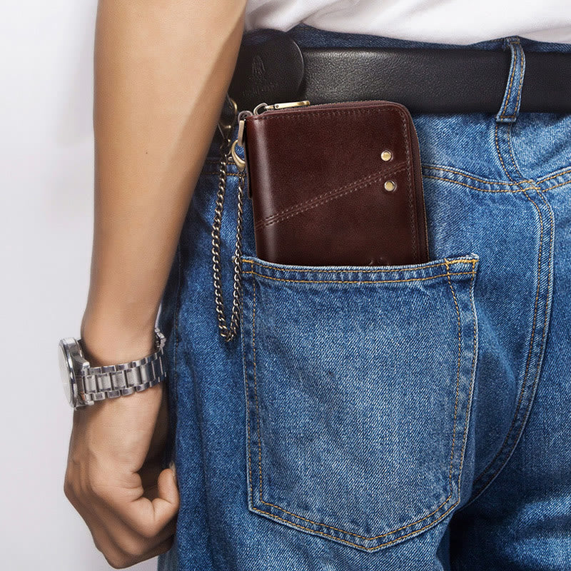 Unisex-Geldbörse aus Leder mit dreifachem Reißverschluss und RFID-blockierender Kette