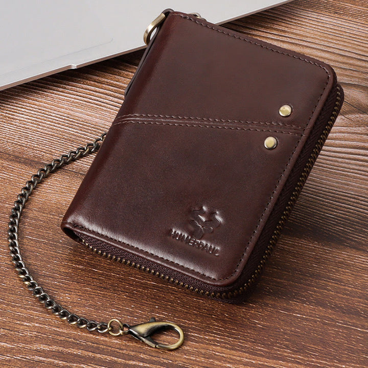 Unisex-Geldbörse aus Leder mit dreifachem Reißverschluss und RFID-blockierender Kette