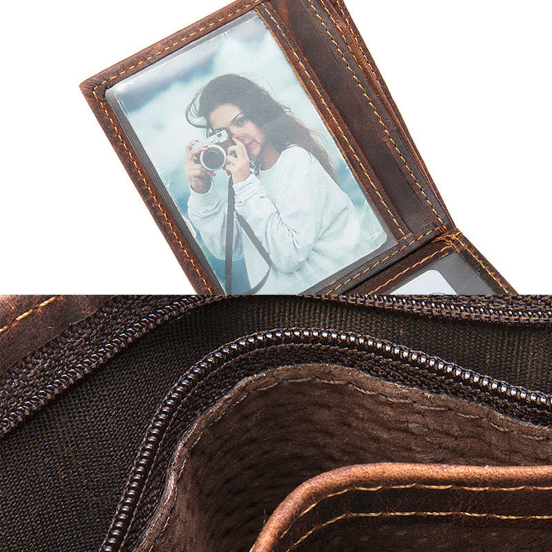 Retro-Geldbörse mit dreifacher Schnalle für Herren, Rindsleder, Münzbörse