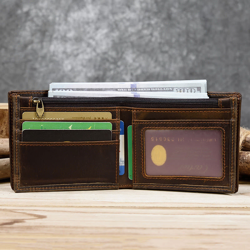 Retro-Geldbörse aus echtem Leder für Herren mit Reißverschlussfach