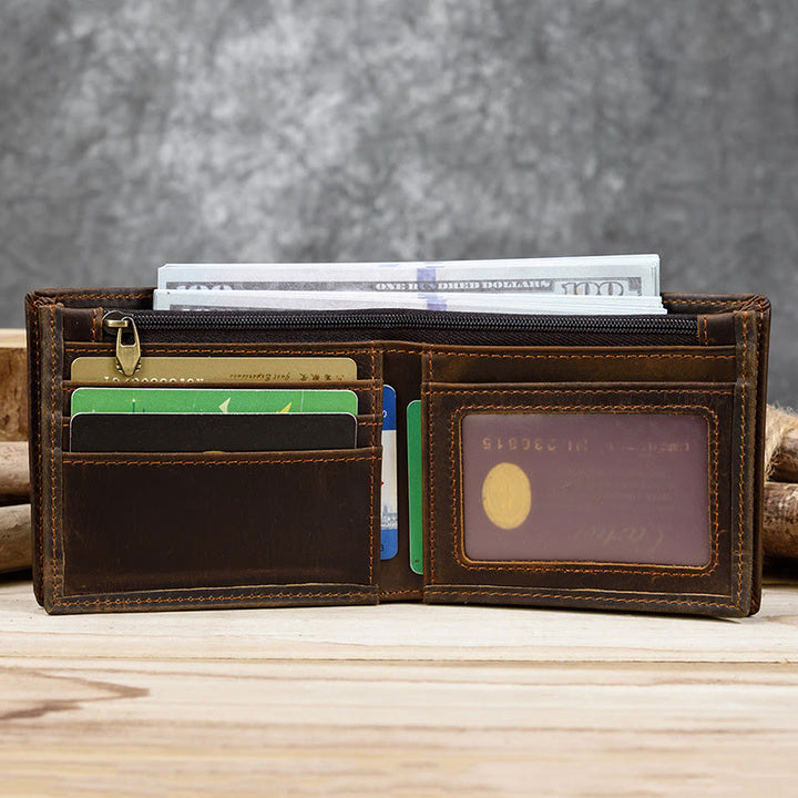 Retro-Geldbörse aus echtem Leder für Herren mit Reißverschlussfach