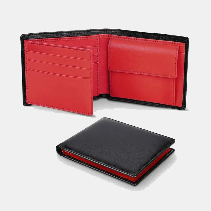 Dreifach gefaltete, schmale Lederbrieftasche mit RFID-Blockierung für Herren mit Münzfach