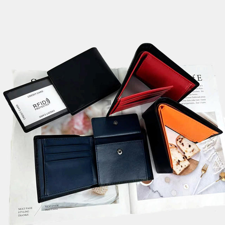Dreifach gefaltete, schmale Lederbrieftasche mit RFID-Blockierung für Herren mit Münzfach
