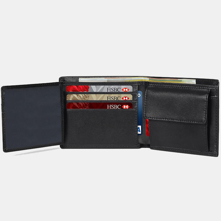 Dreifach gefaltete, schmale Lederbrieftasche mit RFID-Blockierung für Herren mit Münzfach