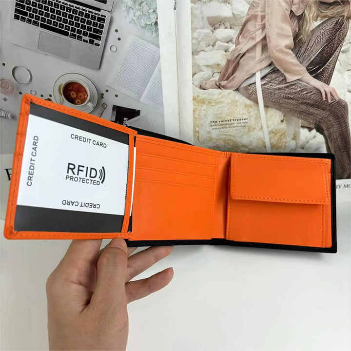 Dreifach gefaltete, schmale Lederbrieftasche mit RFID-Blockierung für Herren mit Münzfach