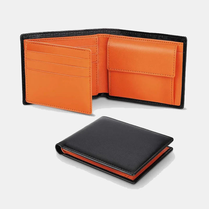 Dreifach gefaltete, schmale Lederbrieftasche mit RFID-Blockierung für Herren mit Münzfach