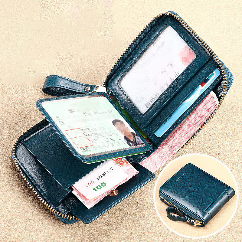 Dreifach gefaltete Geldbörse aus echtem Leder mit RFID-Blockierung und Rundum-Reißverschluss für Damen