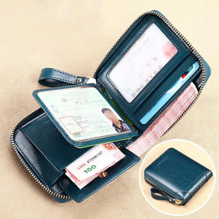 Dreifach gefaltete Geldbörse aus echtem Leder mit RFID-Blockierung und Rundum-Reißverschluss für Damen