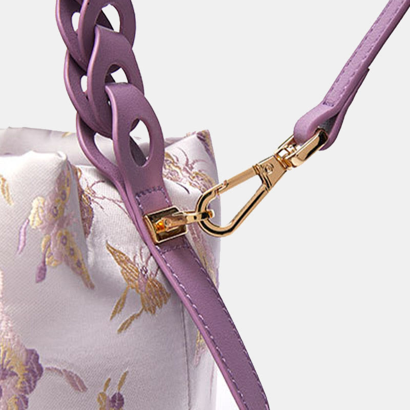 Beuteltasche aus Seide mit Stickerei und Kordelzug, Umhängetasche aus Leder