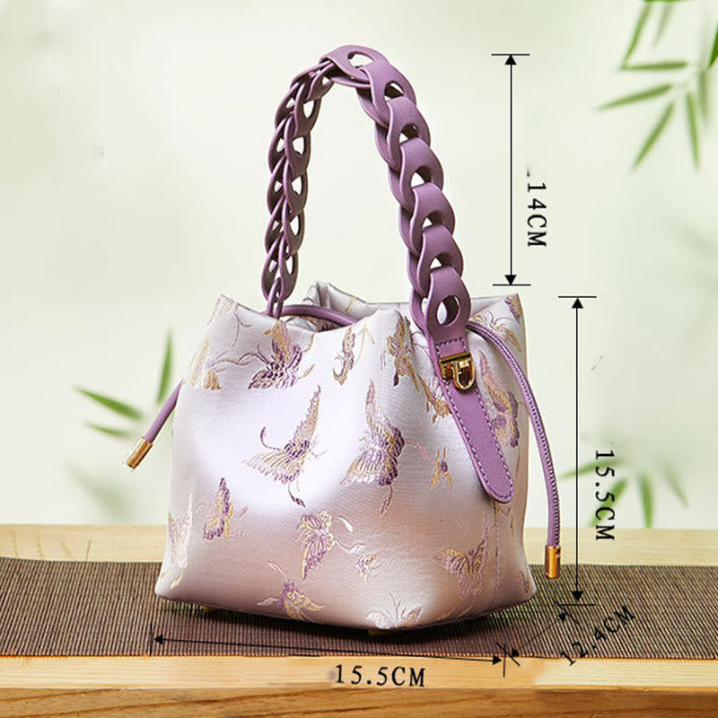 Beuteltasche aus Seide mit Stickerei und Kordelzug, Umhängetasche aus Leder