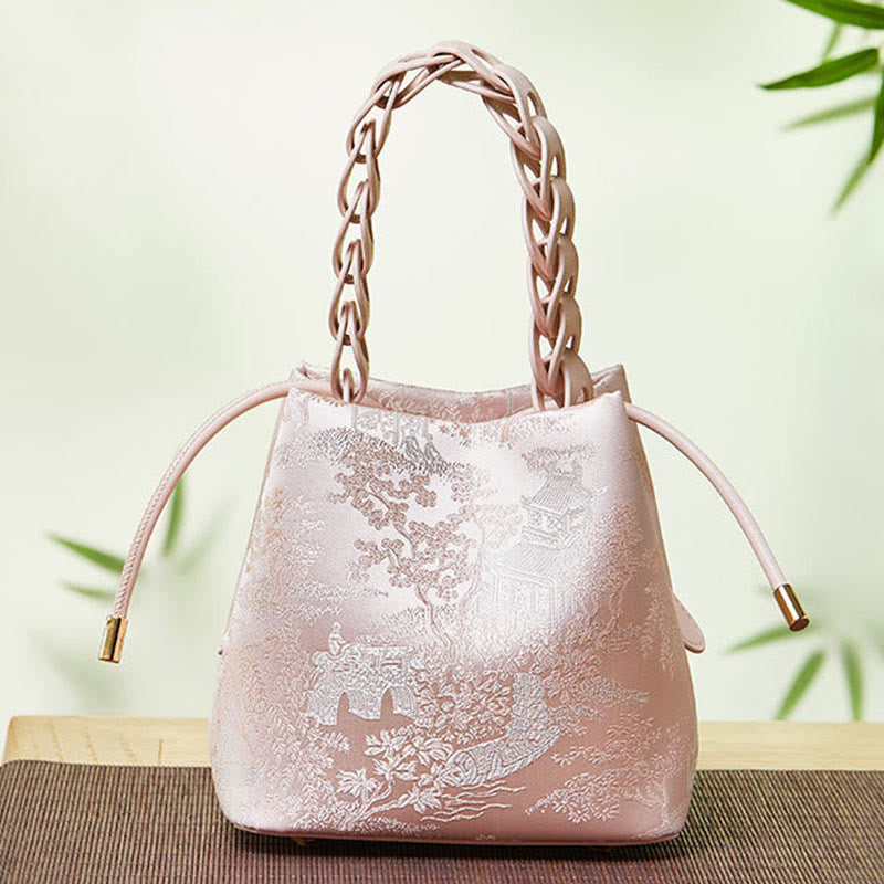 Beuteltasche aus Seide mit Stickerei und Kordelzug, Umhängetasche aus Leder
