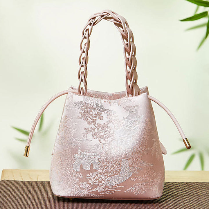 Beuteltasche aus Seide mit Stickerei und Kordelzug, Umhängetasche aus Leder