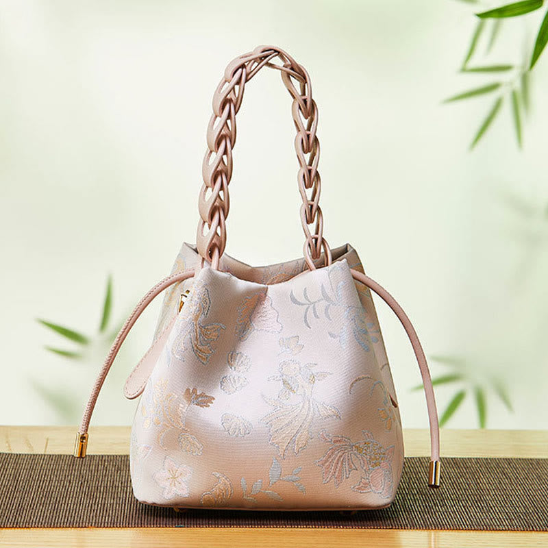 Beuteltasche aus Seide mit Stickerei und Kordelzug, Umhängetasche aus Leder