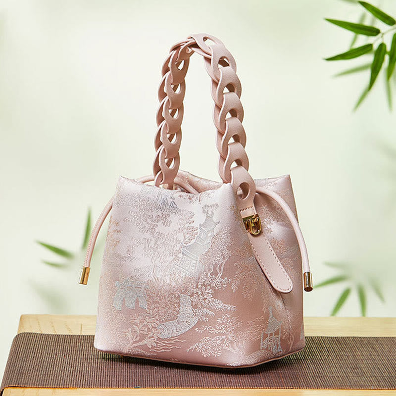 Beuteltasche aus Seide mit Stickerei und Kordelzug, Umhängetasche aus Leder