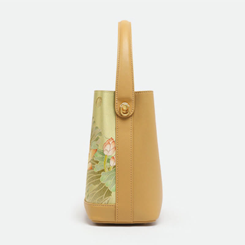 Elegante Handtasche aus Maulbeerseide mit Lotusstickerei, Leder 