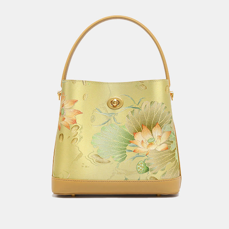 Elegante Handtasche aus Maulbeerseide mit Lotusstickerei, Leder 