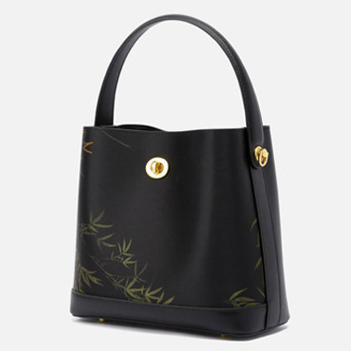 Elegante Handtasche aus Maulbeerseide mit Lotusstickerei, Leder 