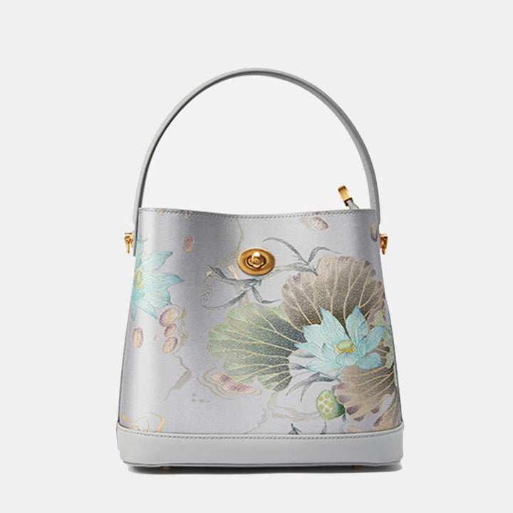 Elegante Handtasche aus Maulbeerseide mit Lotusstickerei, Leder 