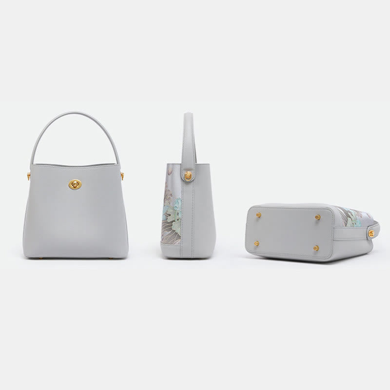Elegante Handtasche aus Maulbeerseide mit Lotusstickerei, Leder 