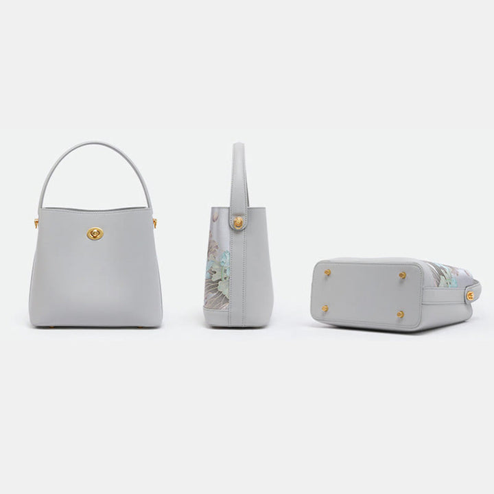 Elegante Handtasche aus Maulbeerseide mit Lotusstickerei, Leder 
