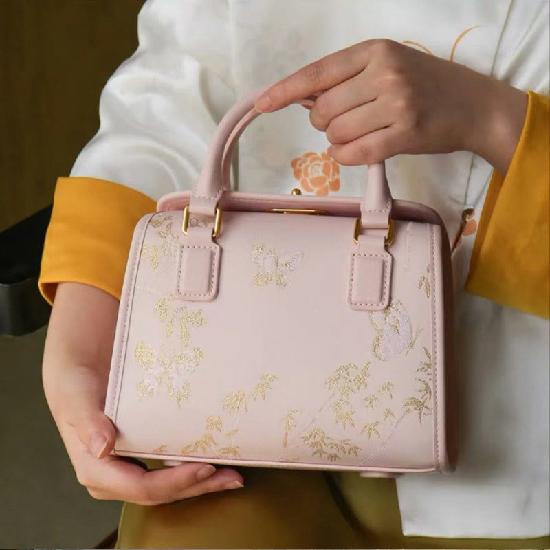 Kleine quadratische Tasche aus echtem Leder mit Stickerei