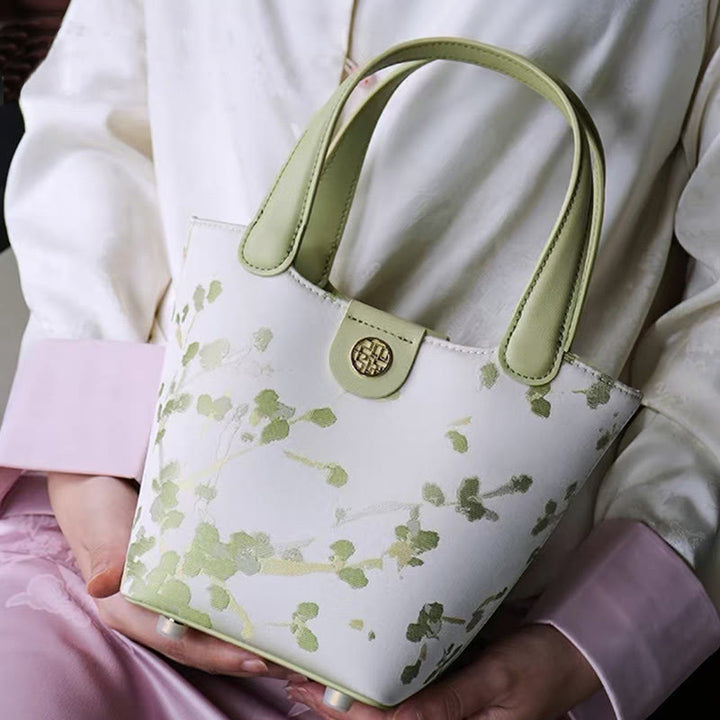 Stickerei Seide Korb Eimer Tasche echtes Leder Handtasche