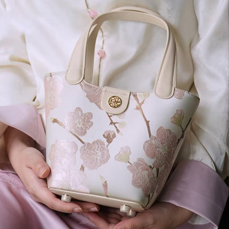 Stickerei Seide Korb Eimer Tasche echtes Leder Handtasche