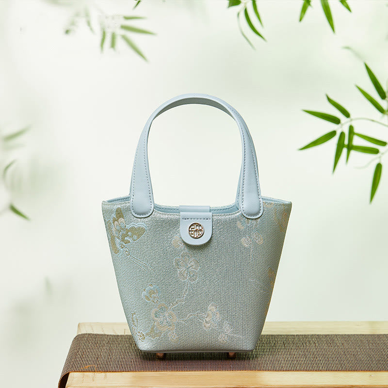 Stickerei Seide Korb Eimer Tasche echtes Leder Handtasche