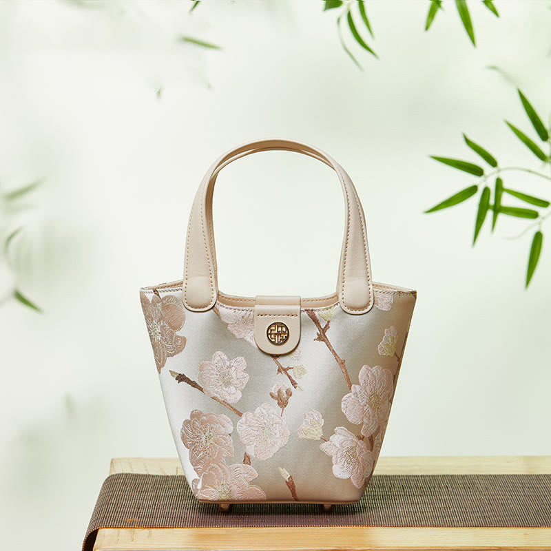 Stickerei Seide Korb Eimer Tasche echtes Leder Handtasche