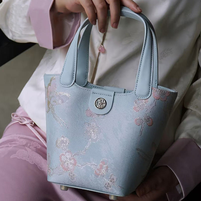 Stickerei Seide Korb Eimer Tasche echtes Leder Handtasche