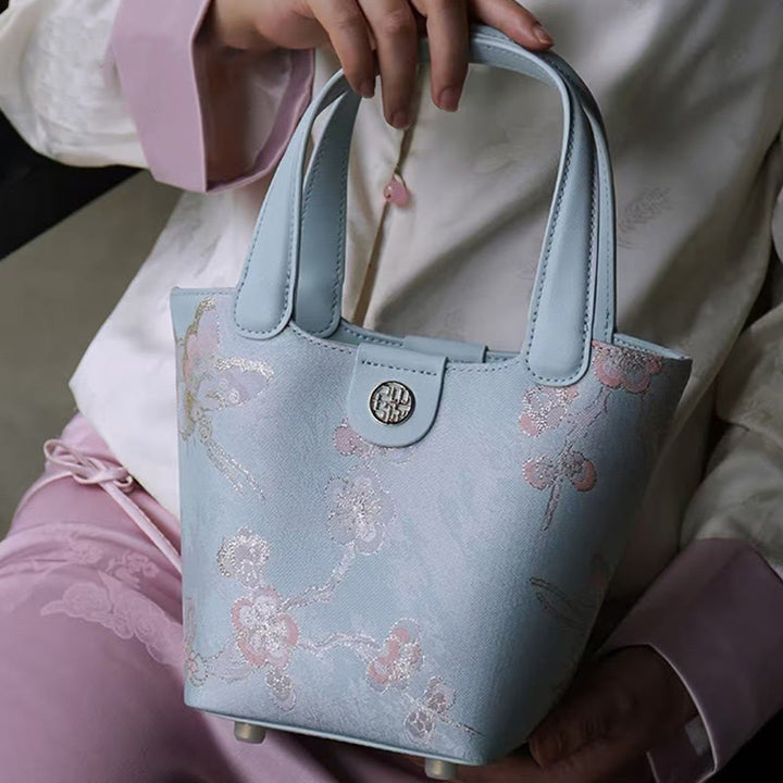 Stickerei Seide Korb Eimer Tasche echtes Leder Handtasche