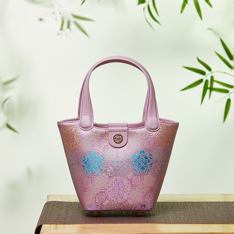 Stickerei Seide Korb Eimer Tasche echtes Leder Handtasche