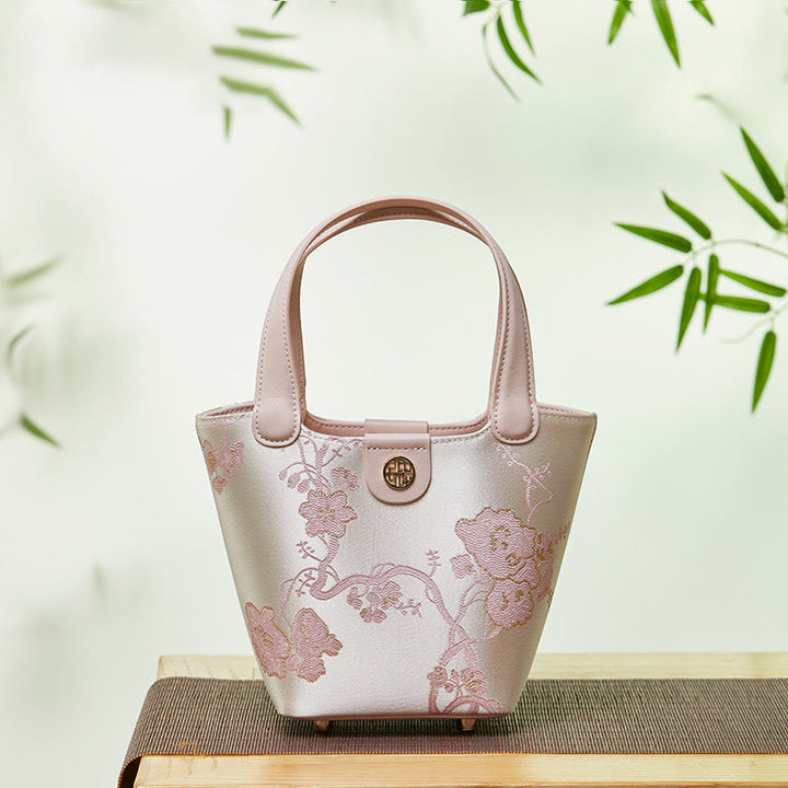 Stickerei Seide Korb Eimer Tasche echtes Leder Handtasche