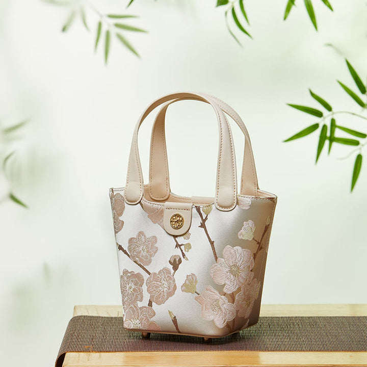 Stickerei Seide Korb Eimer Tasche echtes Leder Handtasche