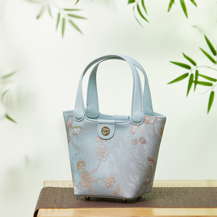 Stickerei Seide Korb Eimer Tasche echtes Leder Handtasche
