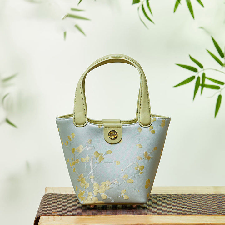 Stickerei Seide Korb Eimer Tasche echtes Leder Handtasche