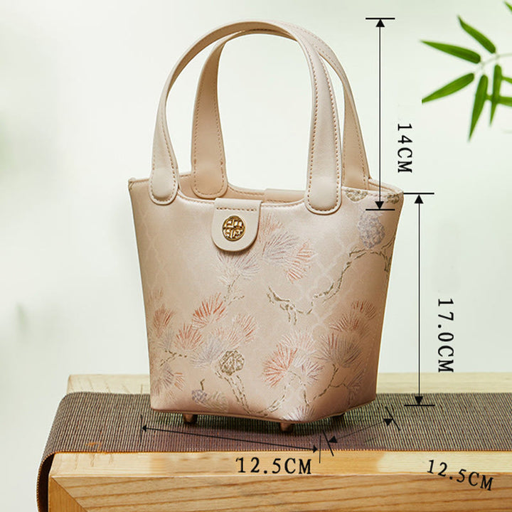 Stickerei Seide Korb Eimer Tasche echtes Leder Handtasche