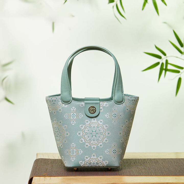Stickerei Seide Korb Eimer Tasche echtes Leder Handtasche