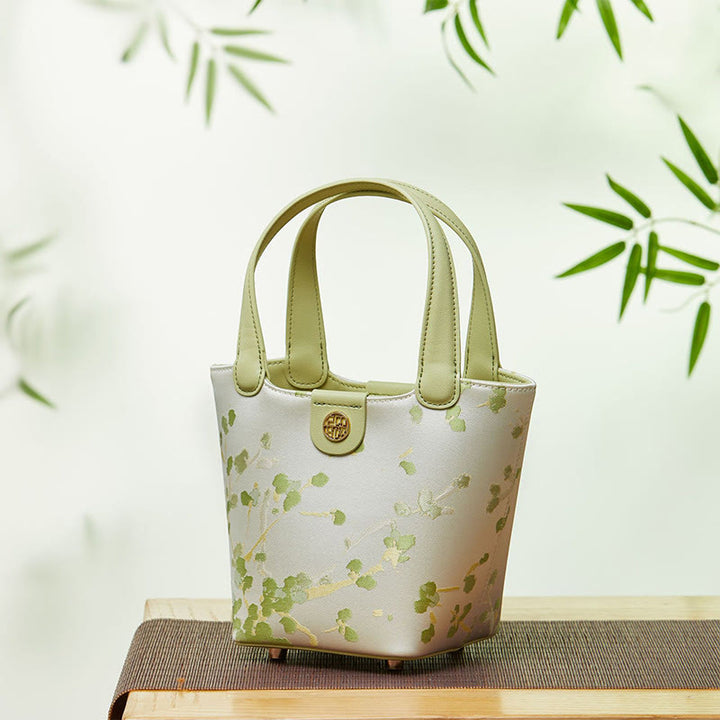 Stickerei Seide Korb Eimer Tasche echtes Leder Handtasche