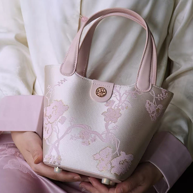 Stickerei Seide Korb Eimer Tasche echtes Leder Handtasche